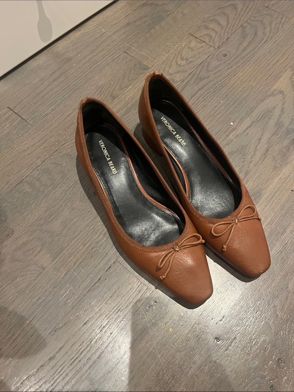 Veronica Beard Cecile Cognac Brown Leather Almond Toe Ballet Flats with Bow